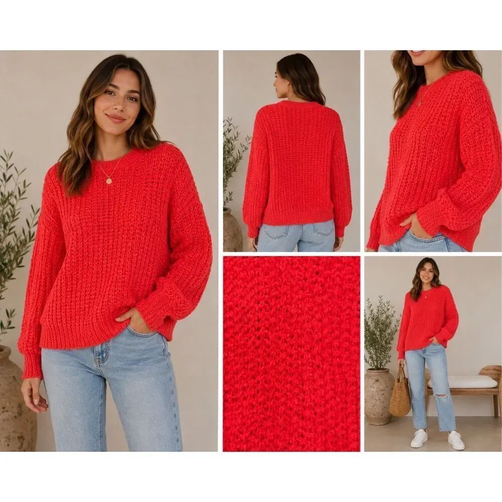 A New Day Chunky Knit Sweater Size Medium Bright Coral Pink Cozy Pullover